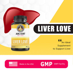 Ancient Bliss Liver Love bottle back label with dosage information for daily liver support