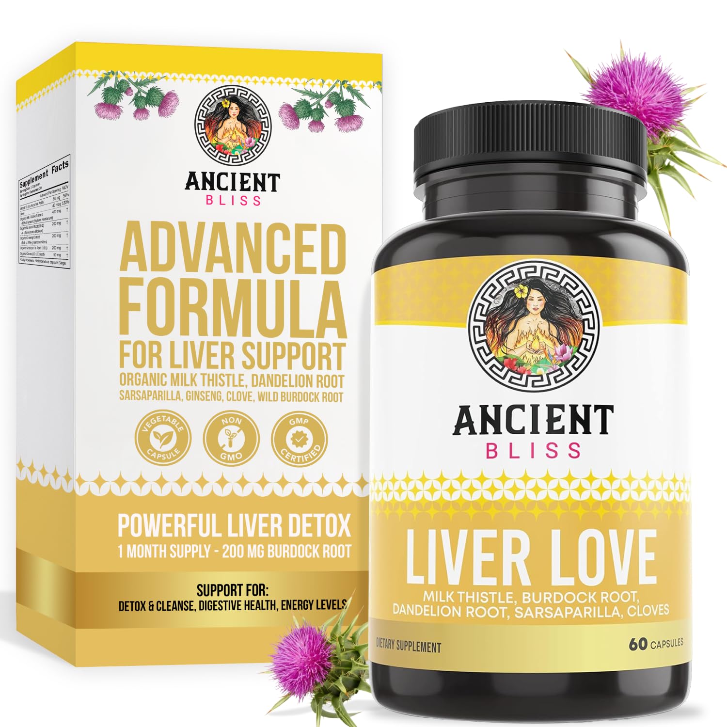 Ancient Bliss Liver Love bottle front showing natural liver support and detox potential