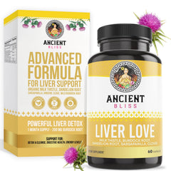 Ancient Bliss Liver Love bottle front showing natural liver support and detox potential