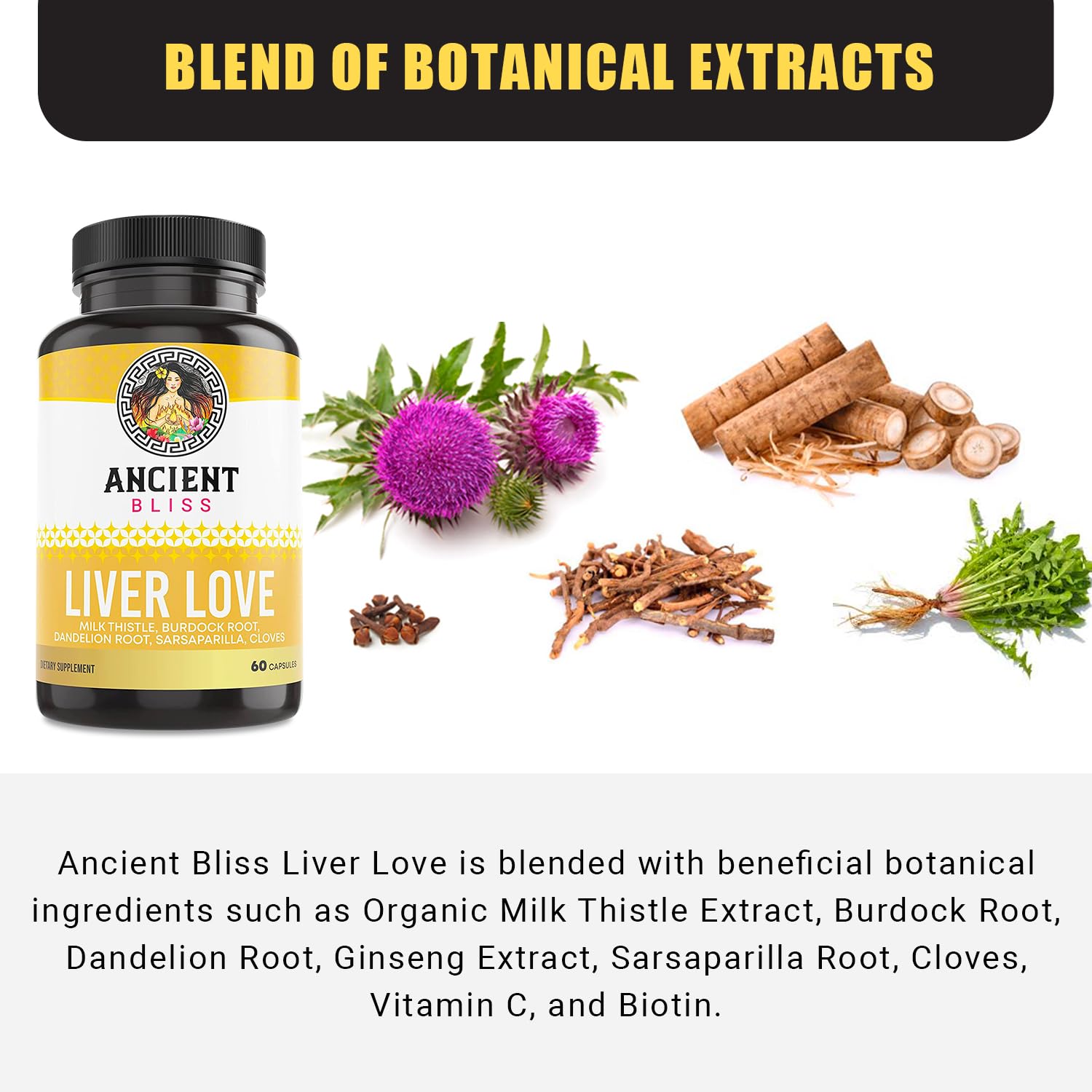 Ancient Bliss Liver Love capsules closeup highlighting vegan formula for easy daily use