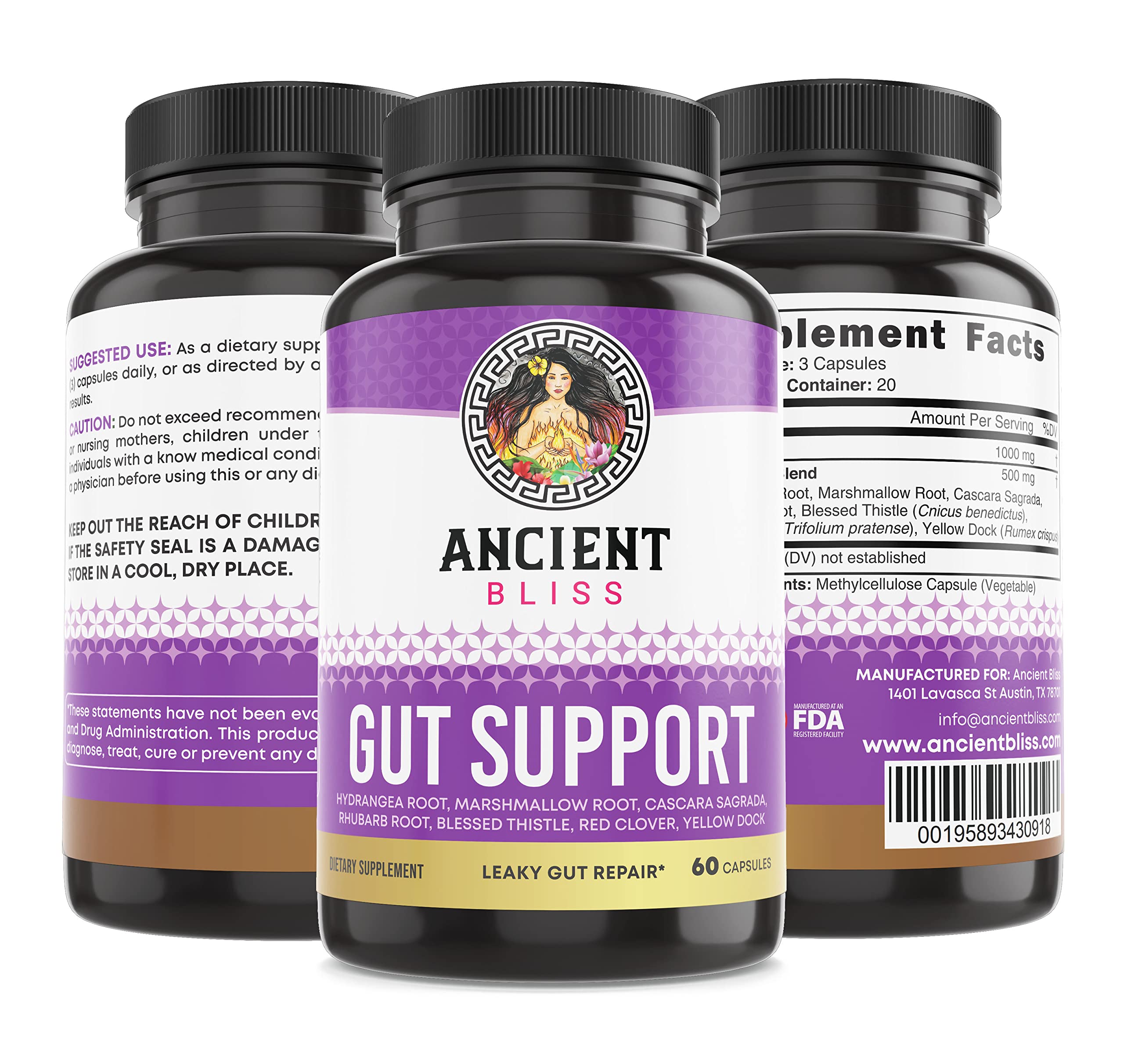 Ancient Bliss packaging with plant icons signaling gut-friendly blend