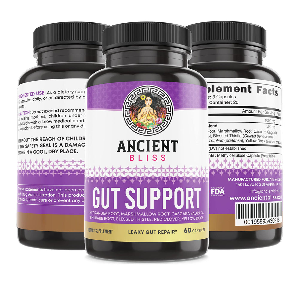 Ancient Bliss packaging with plant icons signaling gut-friendly blend