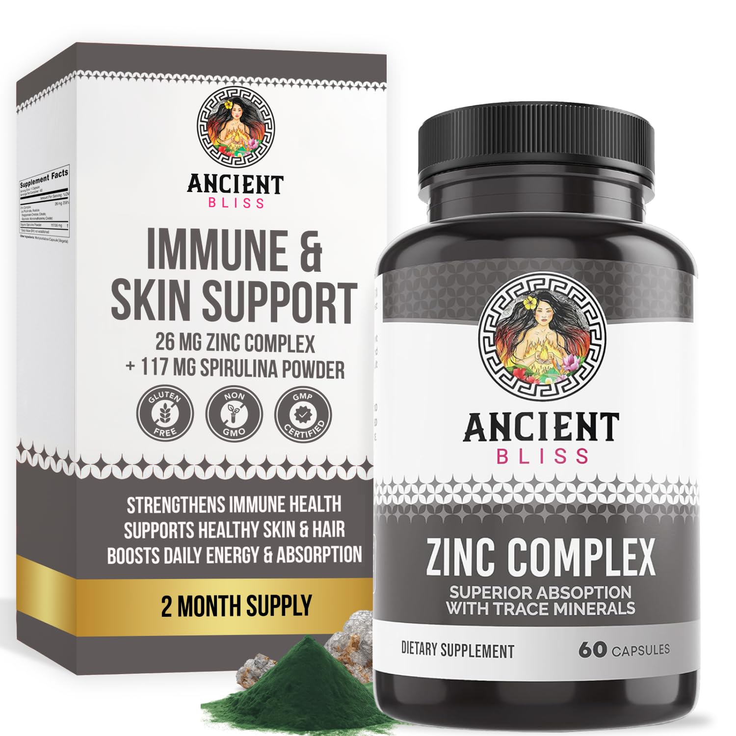 Ancient Bliss Zinc Complex bottle showing 60 capsules for daily immune support