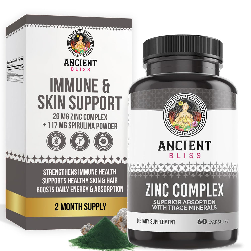 Ancient Bliss Zinc Complex bottle showing 60 capsules for daily immune support