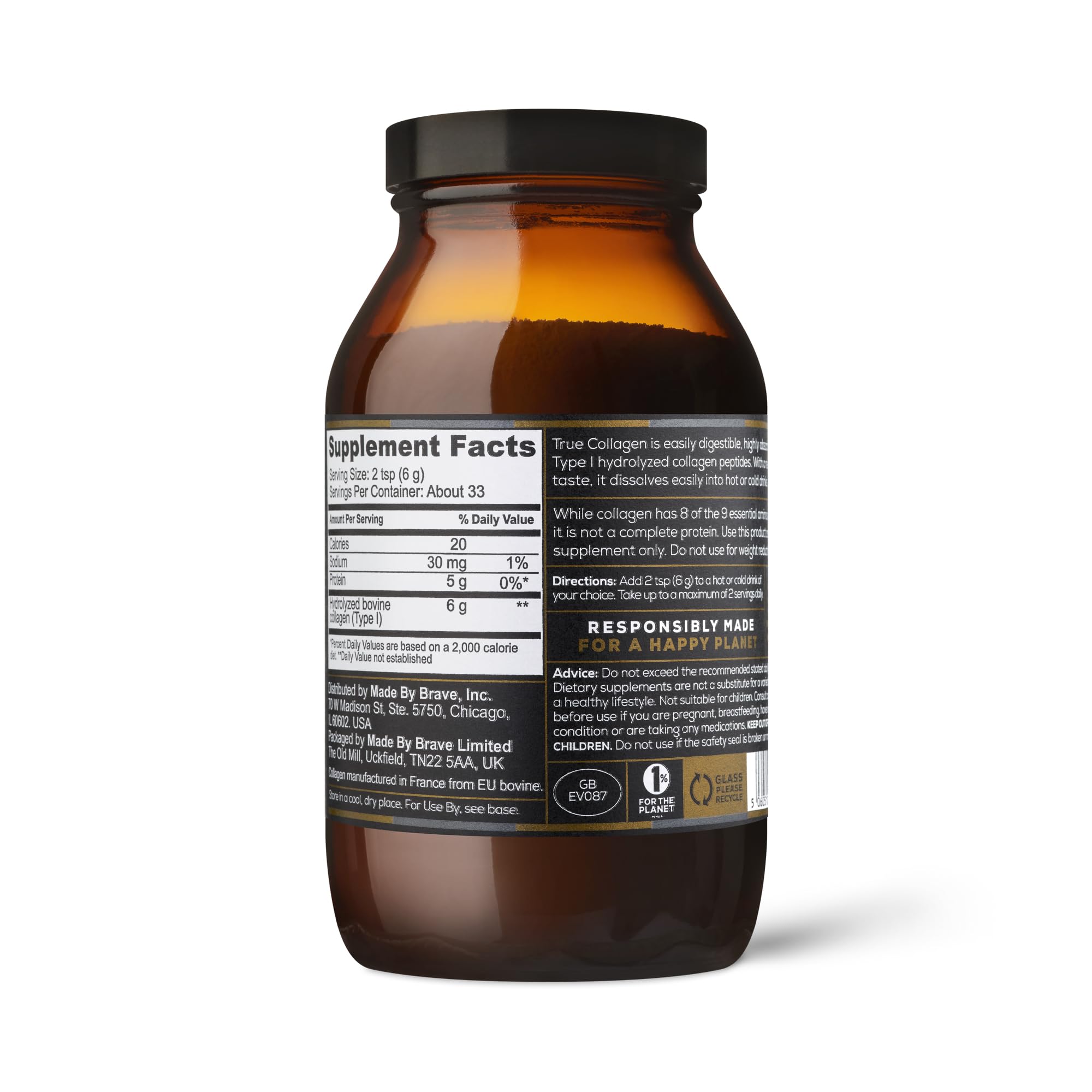 Ancient + Brave True Collagen, envase de 7.05 oz, práctico para uso diario.
