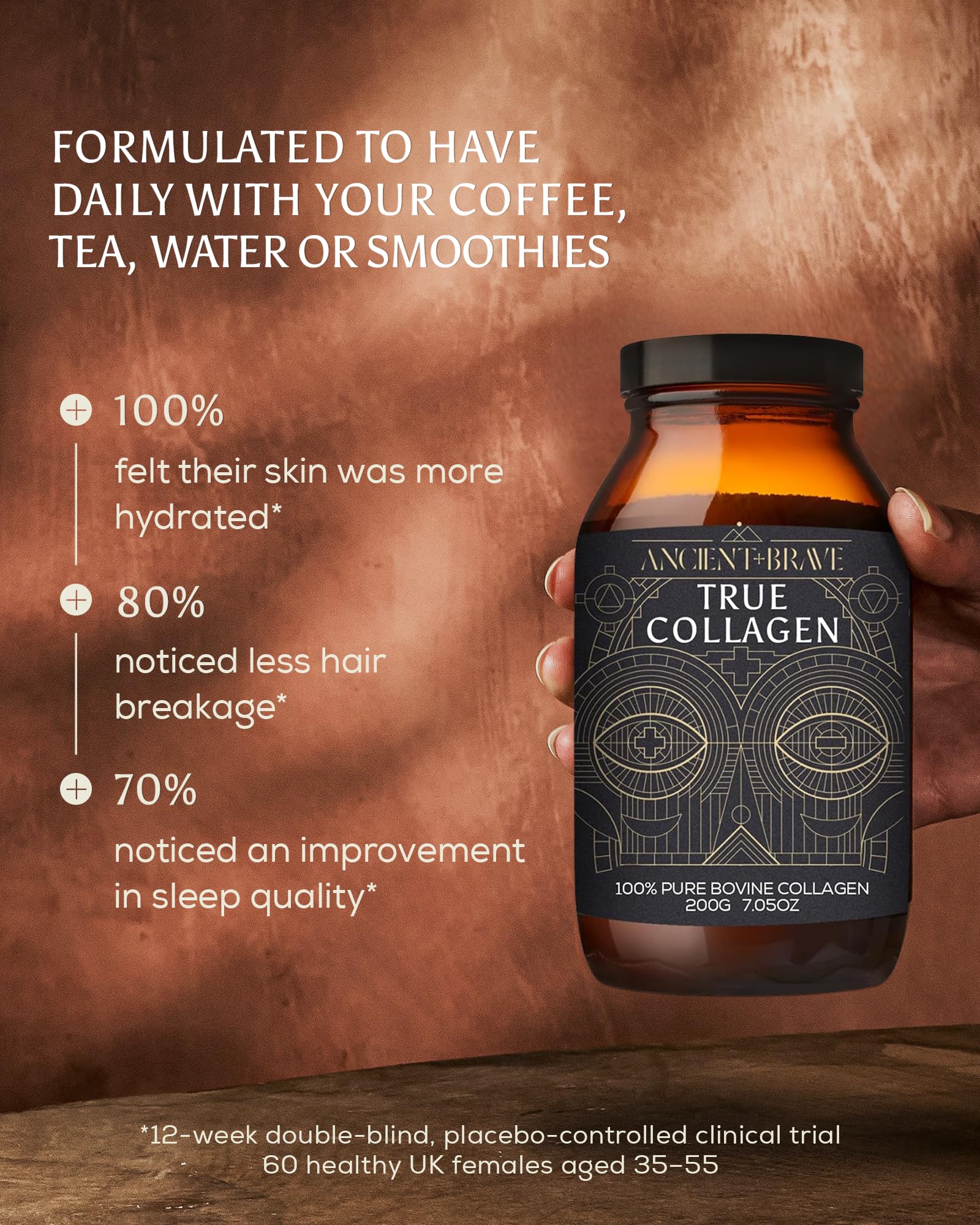 Ancient + Brave True Collagen, se mezcla en batidos para una rutina saludable.