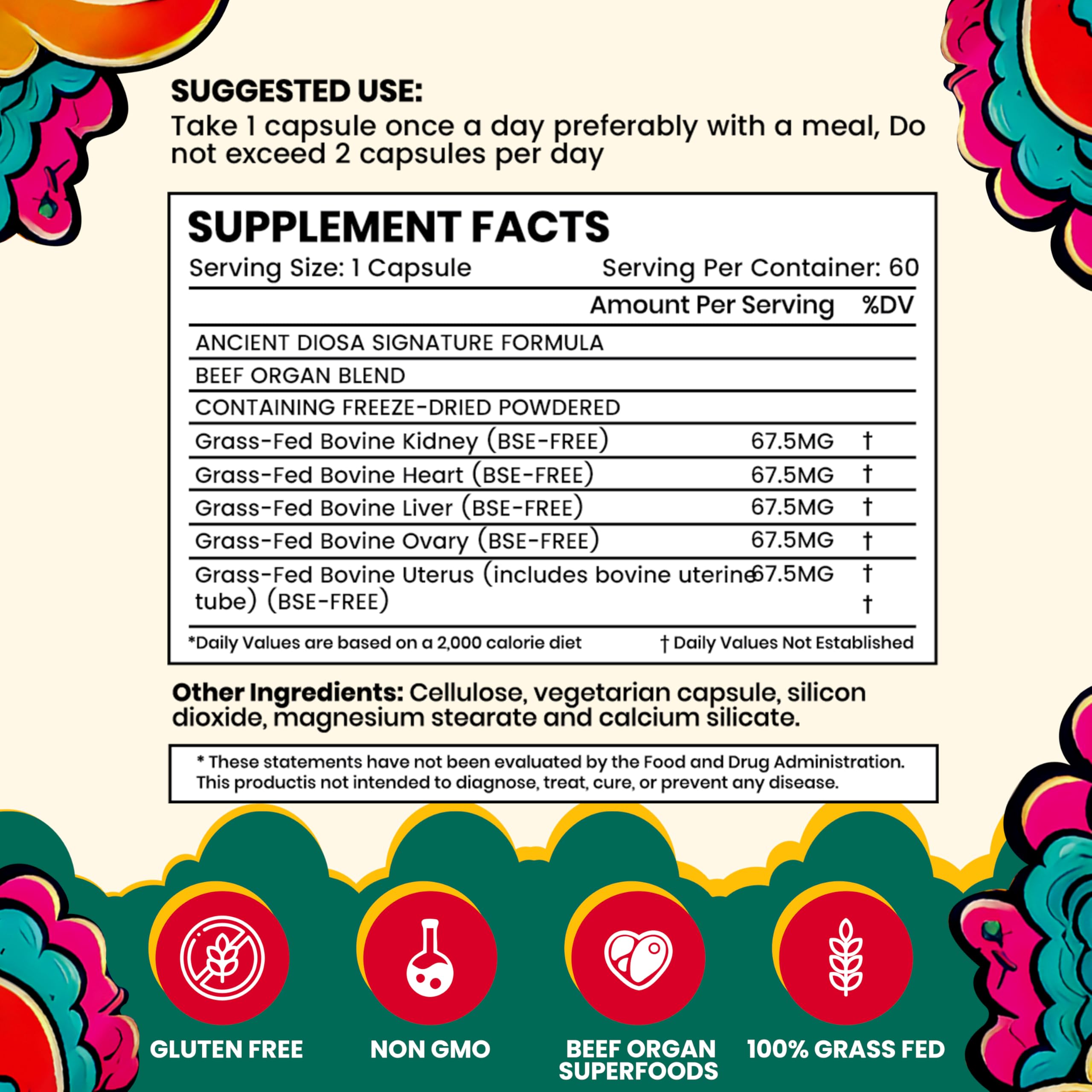 ANCIENT DIOSA blend of liver, heart, ovary, and uterus capsules for hormonal balance.
