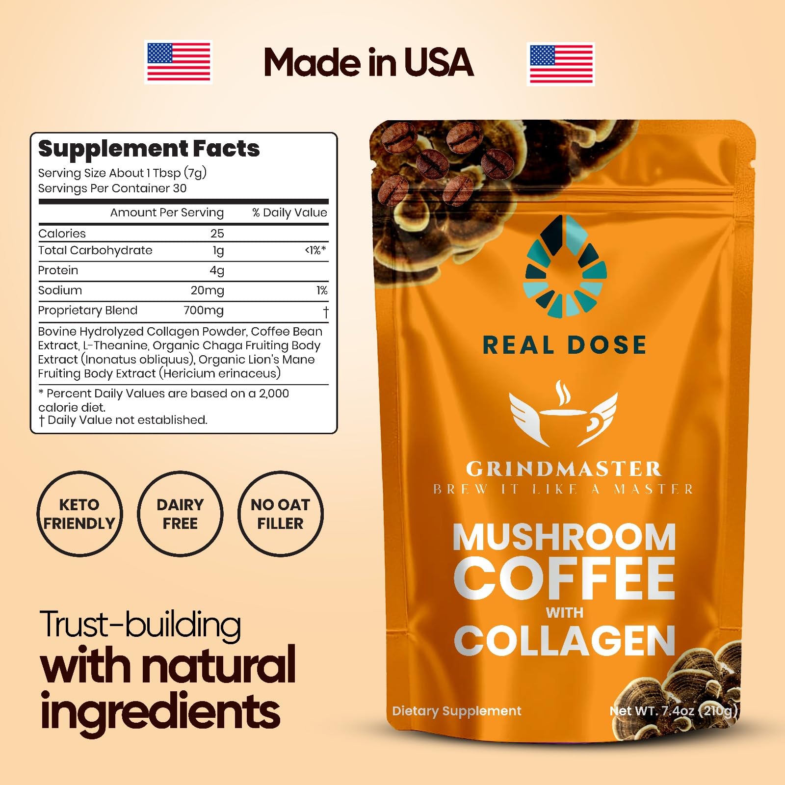 ANCIENT DIOSA Mushroom Coffee bottle label highlighting premium blend.