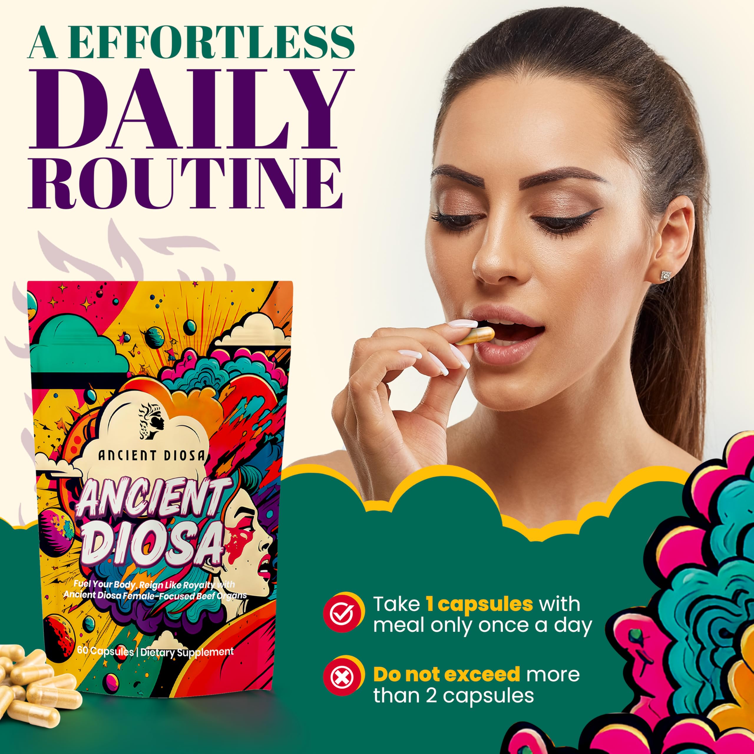 ANCIENT DIOSA nutrition icons highlight iron, B12, and folate in the blend.