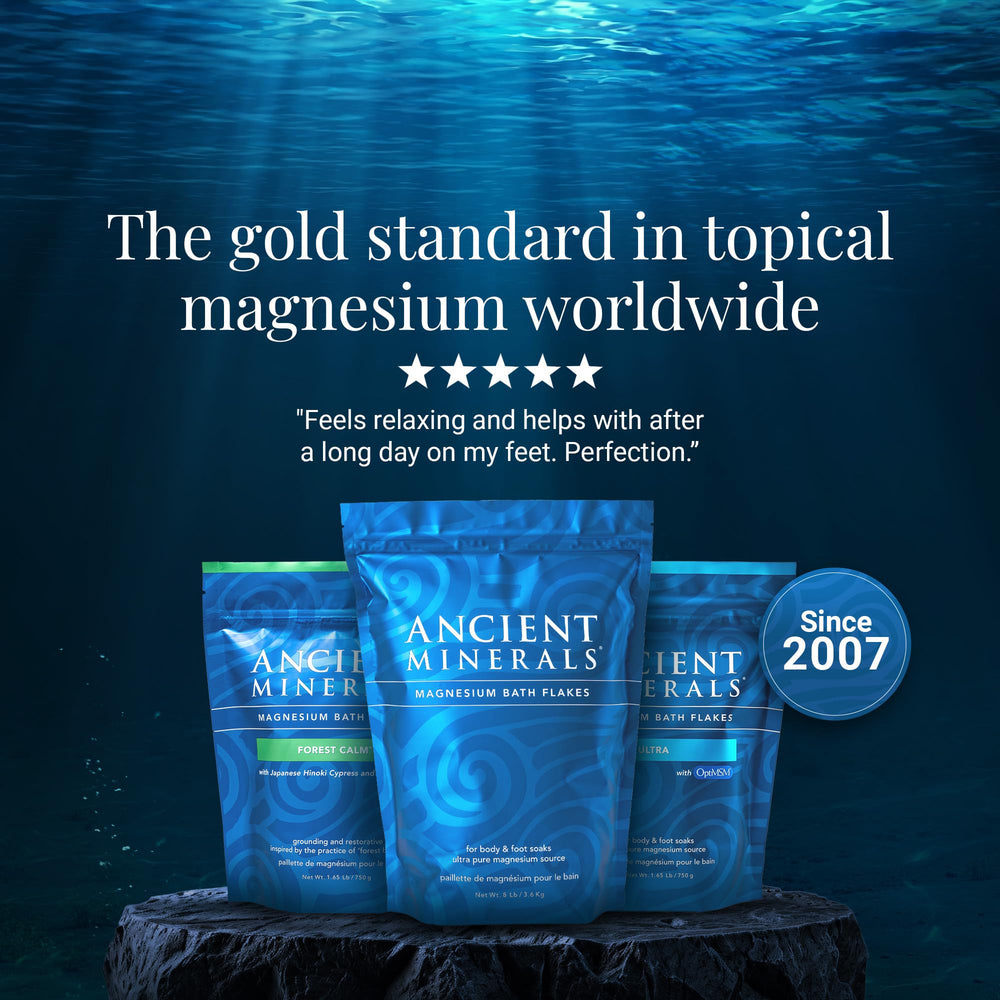 Ancient Minerals Magnesium Bath Flakes Ultra unscented formula for sensitive skin.