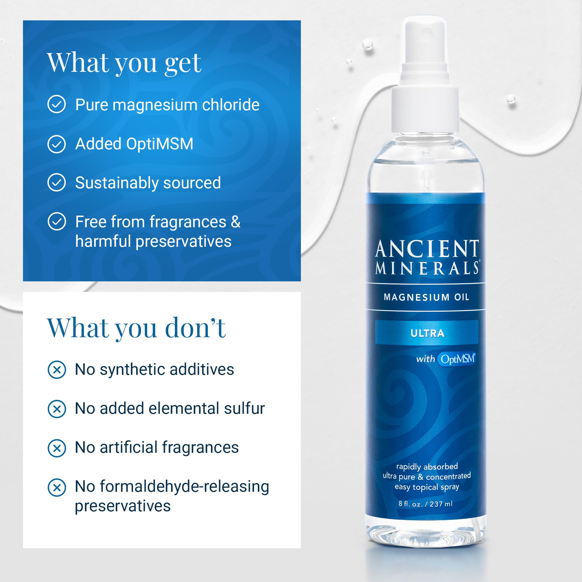 Ancient Minerals Ultra Magnesium Oil Spray spot-treatment for localized mineral support.