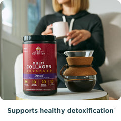Ancient Nutrition Advanced Detox glass with mixed beverage showing smooth integration.