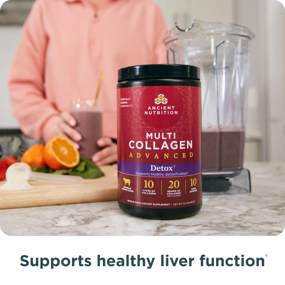 Ancient Nutrition Advanced Detox ingredients display featuring collagen and superfoods.