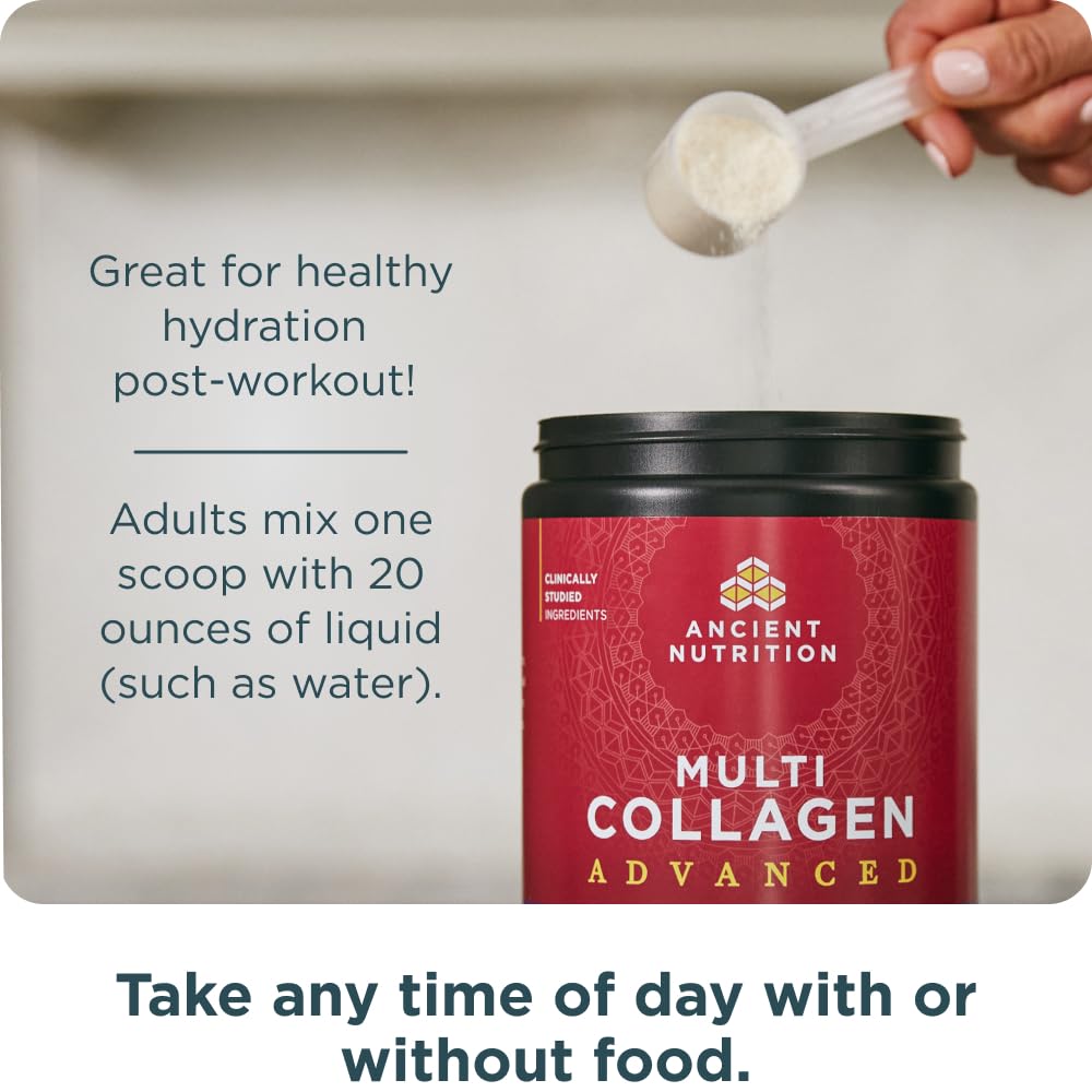 Ancient Nutrition powder being stirred creates a smooth texture ready for a citrus-flavored sip.
