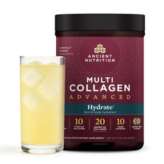 Ancient Nutrition Advanced Multi Collagen Hydrate bottle shows lemon-lime flavor for refreshing hydration.