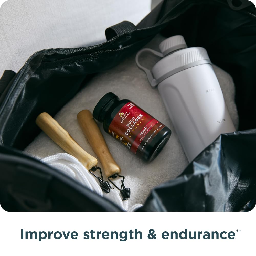 Ancient Nutrition Advanced Multi Collagen ingredients circle emphasizing ashwagandha and herbal components.
