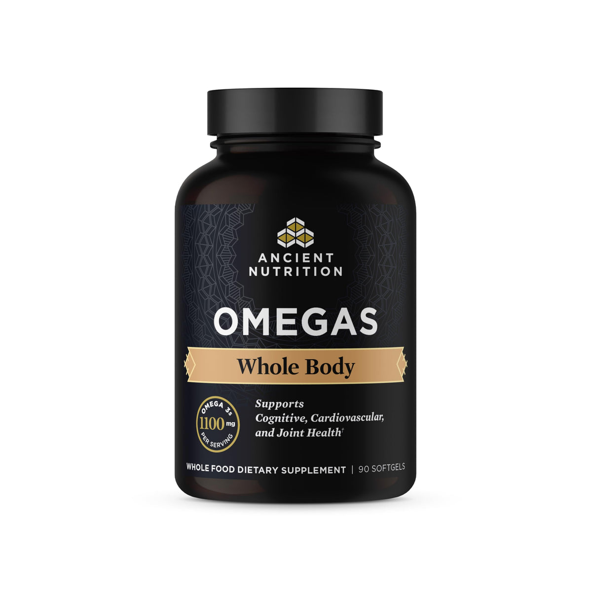Ancient Nutrition Ancient Omegas Whole Body bottle with softgel capsules for daily omega support.