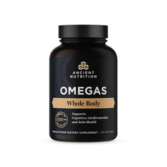 Ancient Nutrition Ancient Omegas Whole Body bottle with softgel capsules for daily omega support.