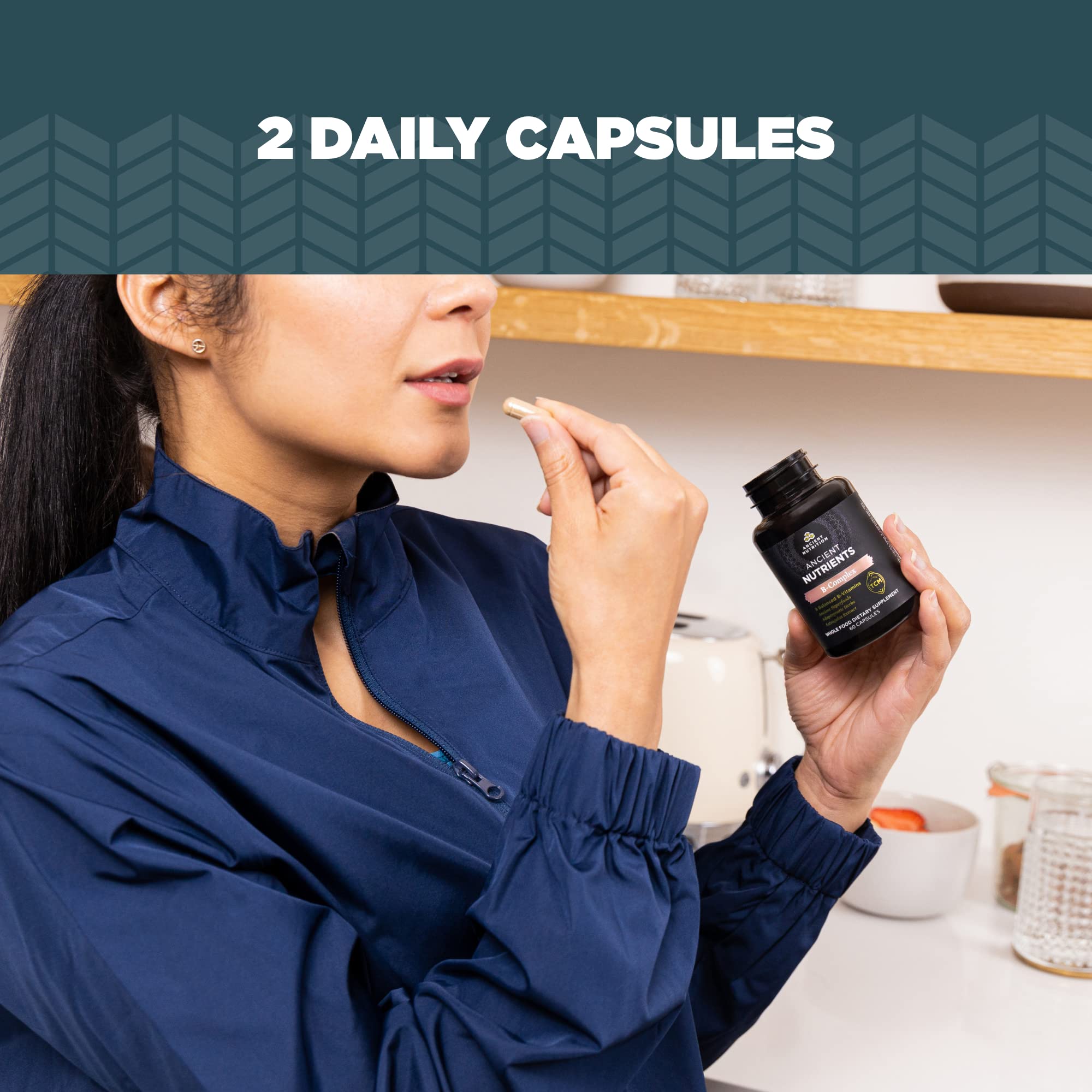 Ancient Nutrition Vitamin B Complex ingredients and nutrition facts.