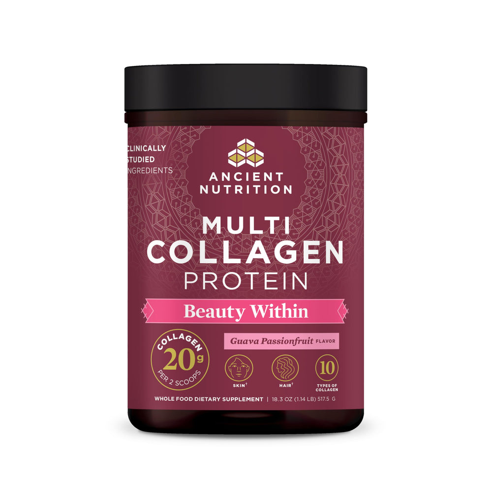 Ancient Nutrition Beauty Within collagen powder tub front for healthy-looking skin