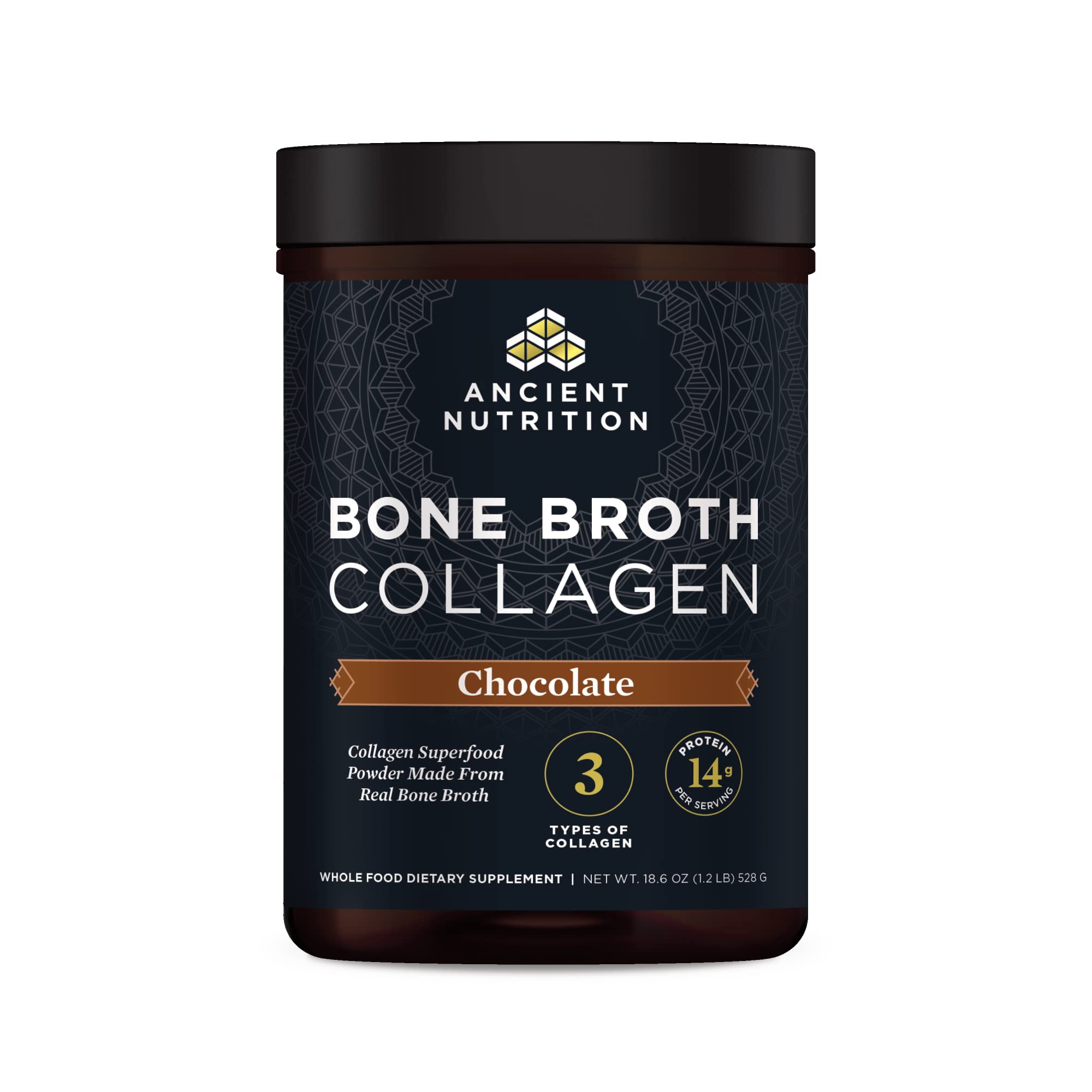 Ancient Nutrition bone broth collagen chocolate bottle front for skin and nails support potential.