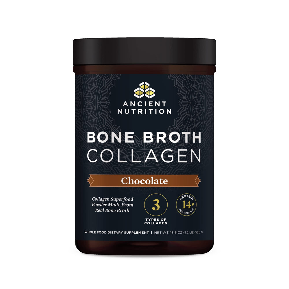Ancient Nutrition bone broth collagen chocolate bottle front for skin and nails support potential.
