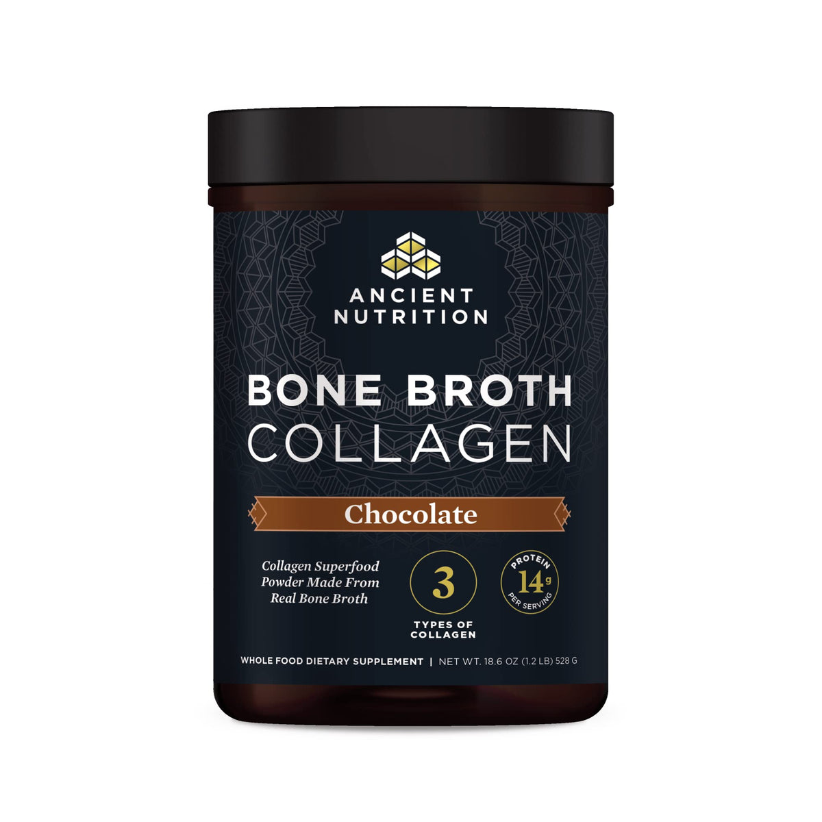 Ancient Nutrition bone broth collagen chocolate bottle front for skin and nails support potential.