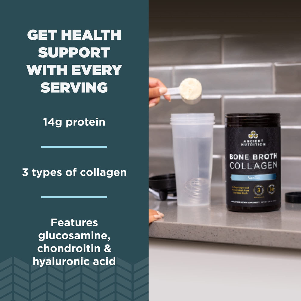 Ancient Nutrition Bone Broth Collagen Powder packaging has a modern premium look