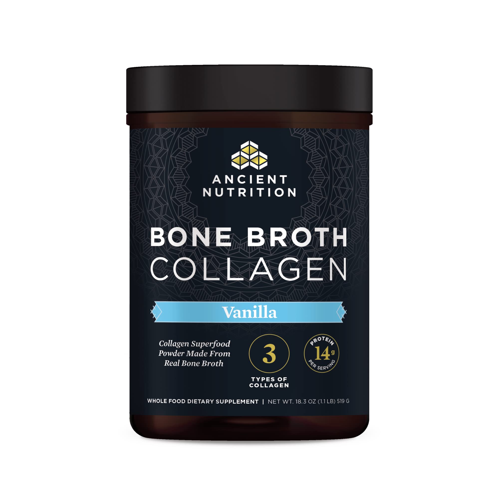 Ancient Nutrition Bone Broth Collagen Powder Vanilla 18oz blends into smoothies for a protein boost