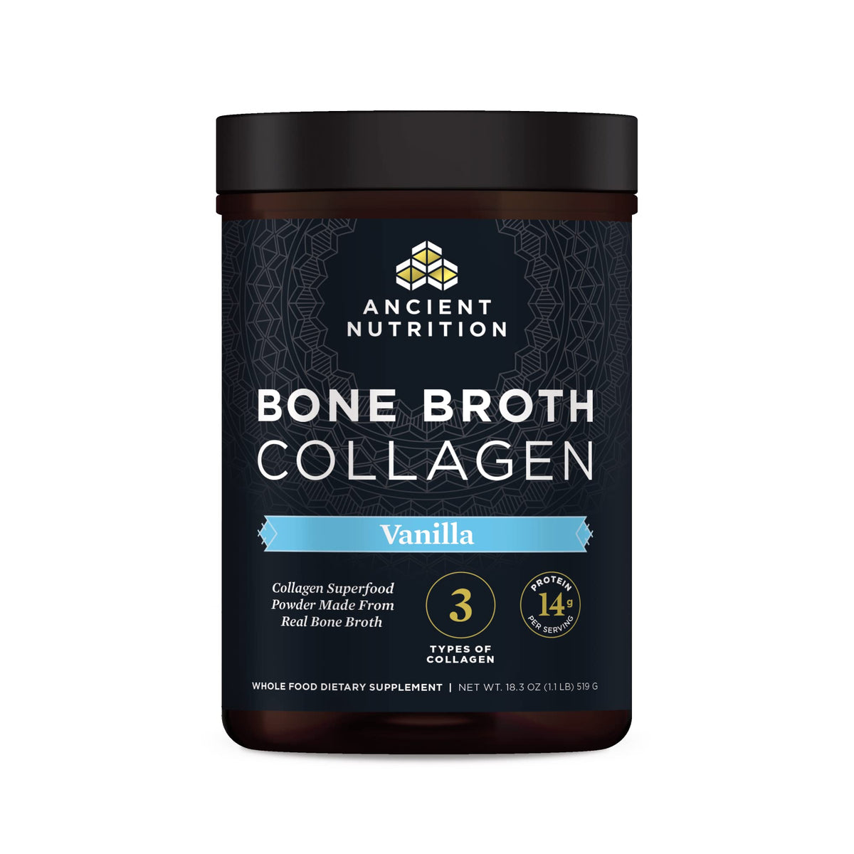 Ancient Nutrition Bone Broth Collagen Powder Vanilla 18oz blends into smoothies for a protein boost
