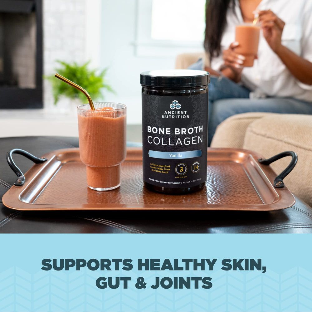 Ancient Nutrition Bone Broth Collagen Powder dissolves quickly in coffee for vanilla flavor