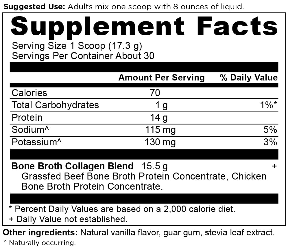 Ancient Nutrition Bone Broth Collagen Powder Vanilla serving scoop aids easy portions