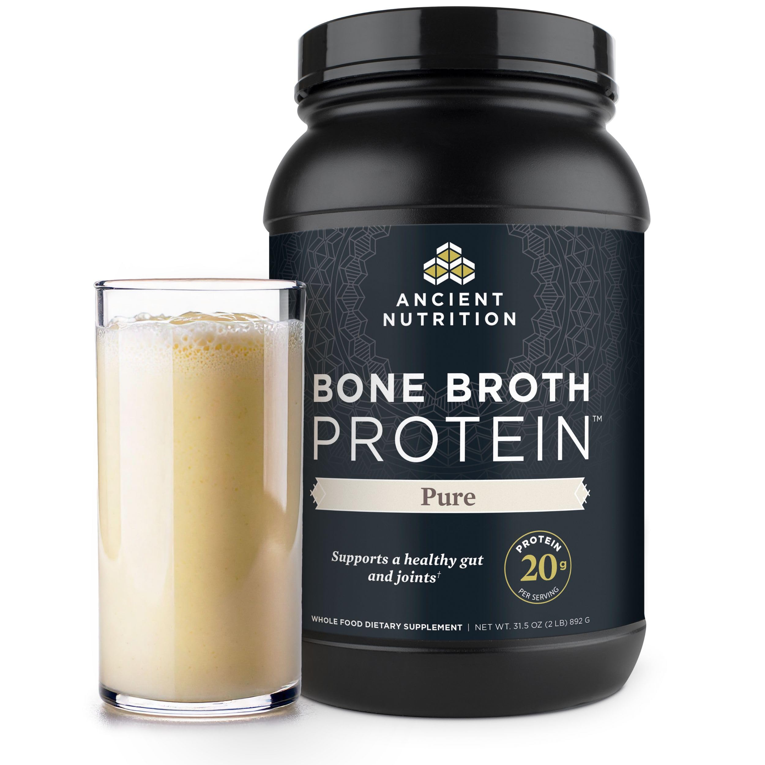 Ancient Nutrition bone broth protein bottle shows convenient daily protein option.