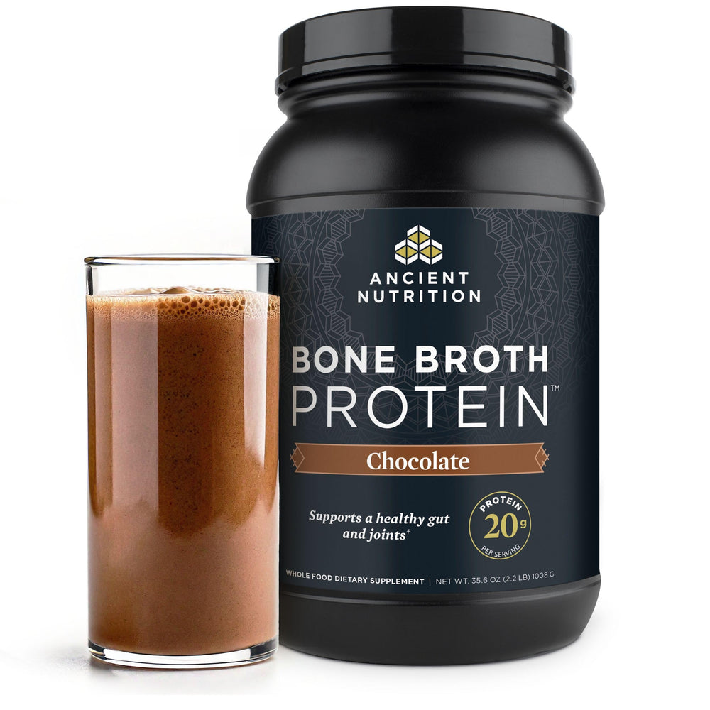 Ancient Nutrition chocolate bone broth protein tub showing rich flavor option