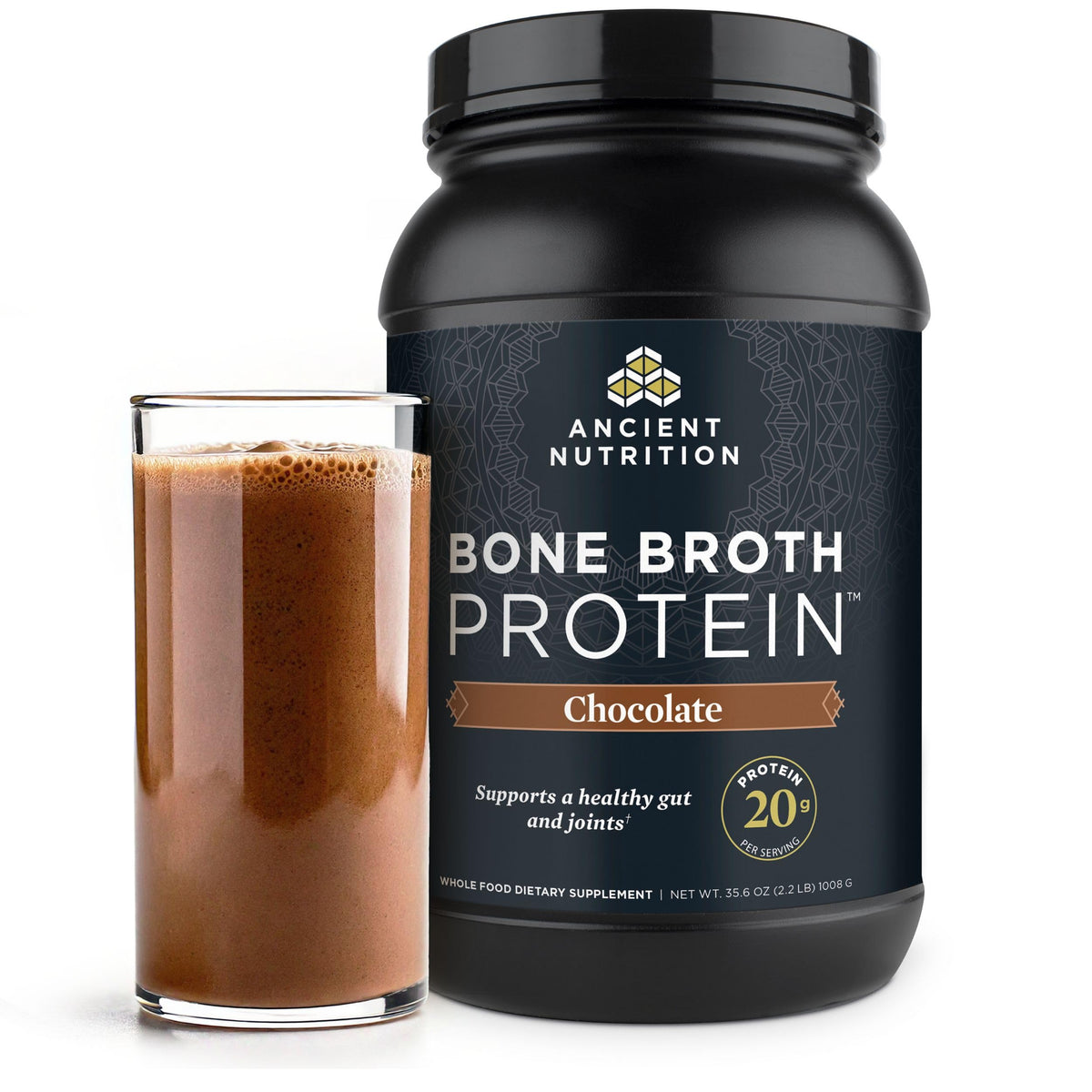 Ancient Nutrition chocolate bone broth protein tub showing rich flavor option