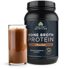 Ancient Nutrition chocolate bone broth protein tub showing rich flavor option