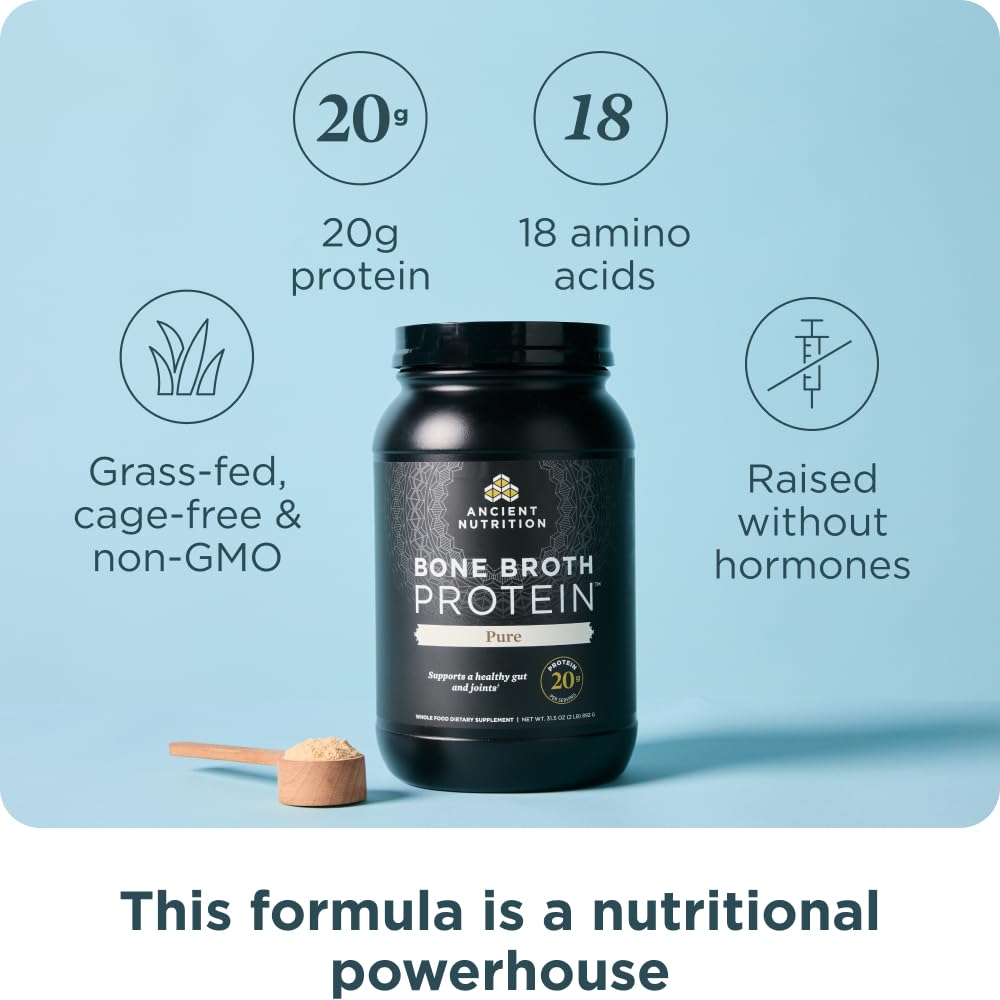 Ancient Nutrition bone broth protein pour demonstrates easy mixing into shakes.