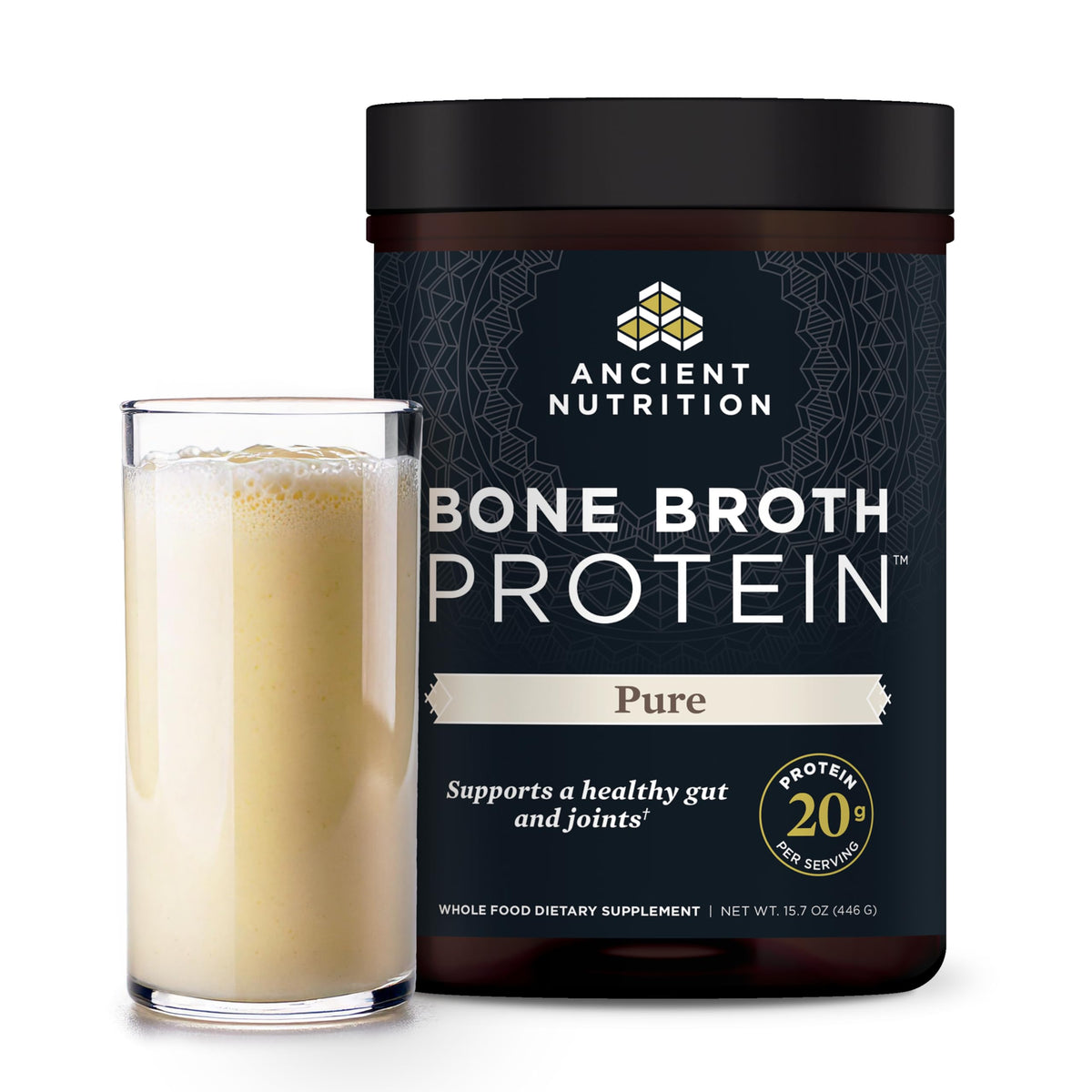 Ancient Nutrition bone broth protein powder bottle showing label and 20g protein per serving