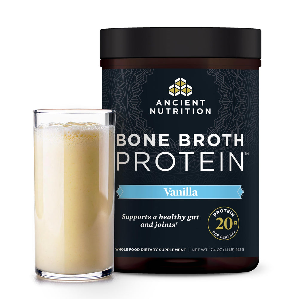 Ancient Nutrition bone broth protein powder bottle showing vanilla flavor and 20g protein per serving.