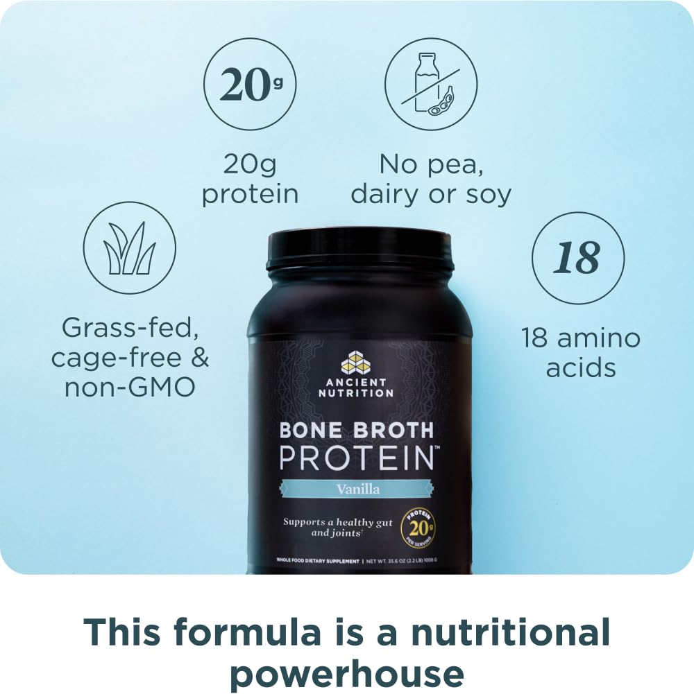 Scoop of Ancient Nutrition bone broth protein powder for quick smoothie boosts