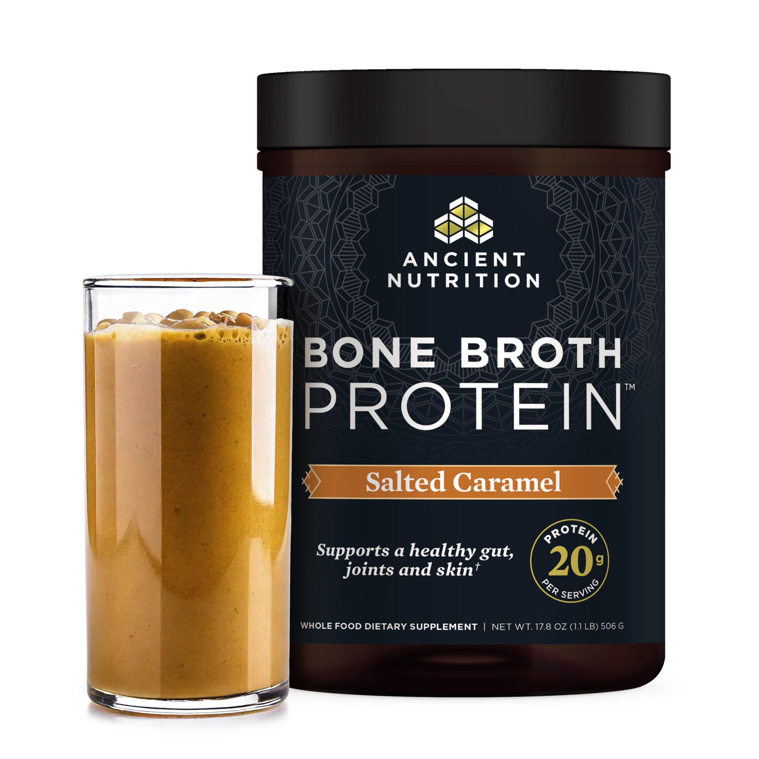 Ancient Nutrition bone broth protein tub with salted caramel for convenient daily protein.