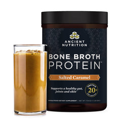 Ancient Nutrition bone broth protein tub with salted caramel for convenient daily protein.