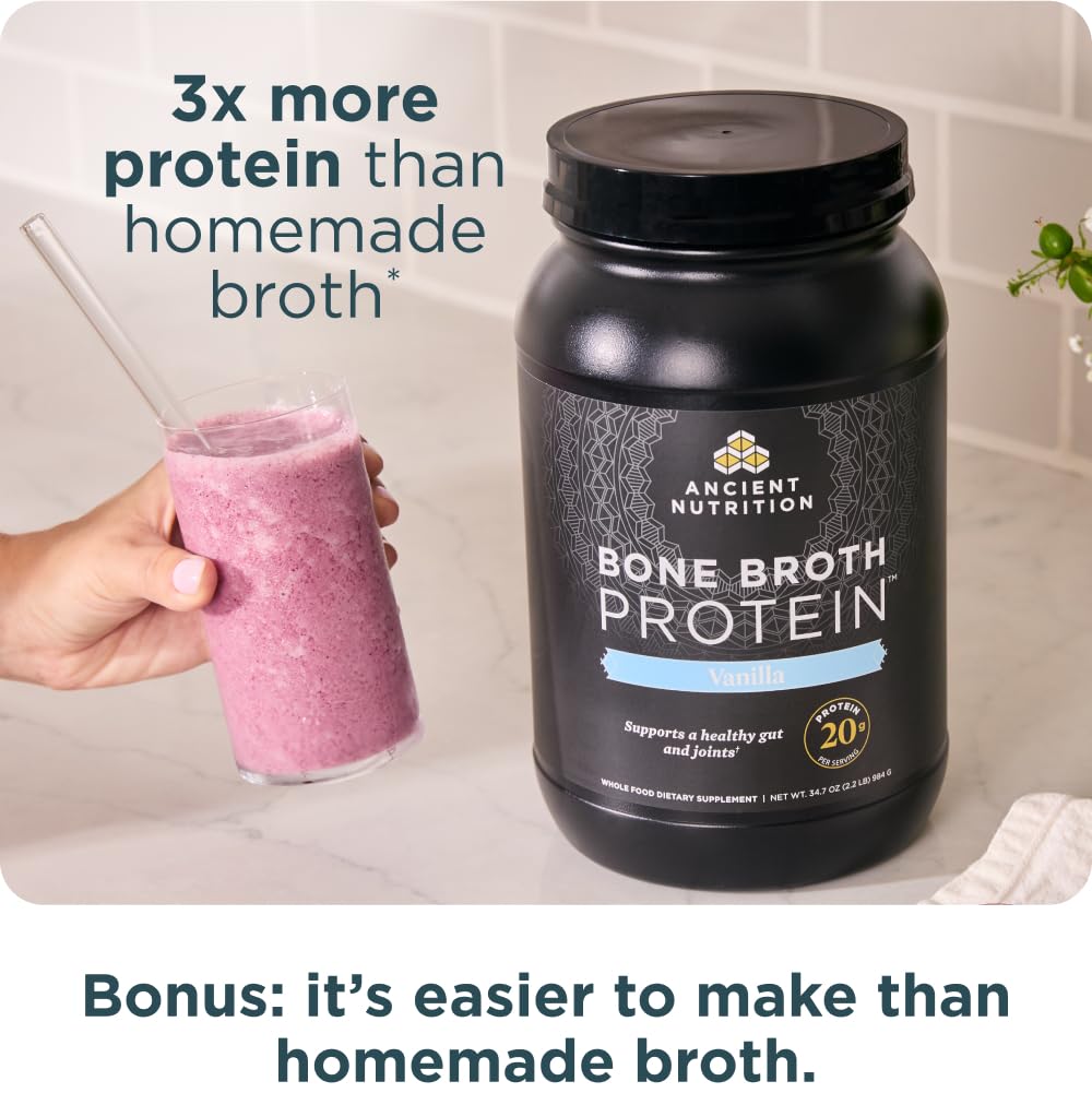 Closeup of Ancient Nutrition bottle label emphasizing premium, grass-fed ingredients