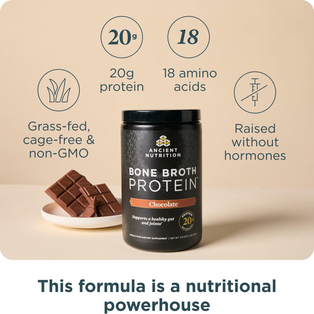 Ancient Nutrition chocolate flavor scoop ready for convenient shakes