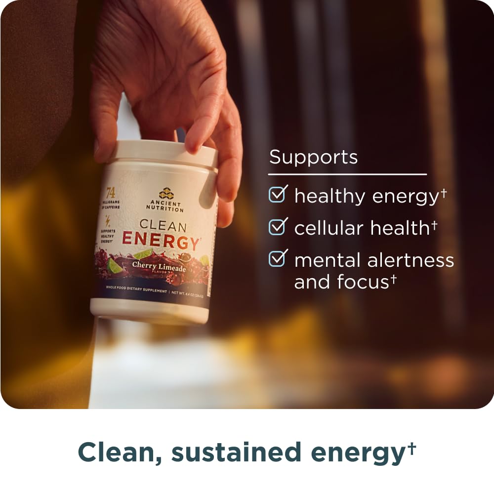 Ancient Nutrition Clean Energy Powder shows beet root and coconut water ingredients for natural fueling.