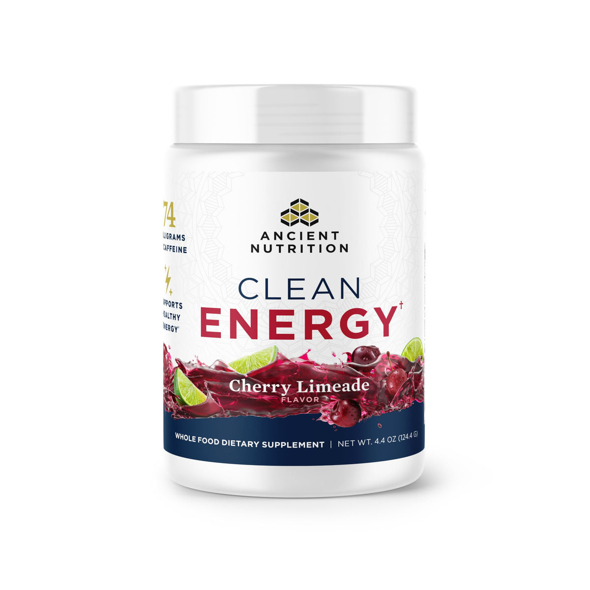 Ancient Nutrition Clean Energy Powder Cherry Limeade bottle promotes steady energy.