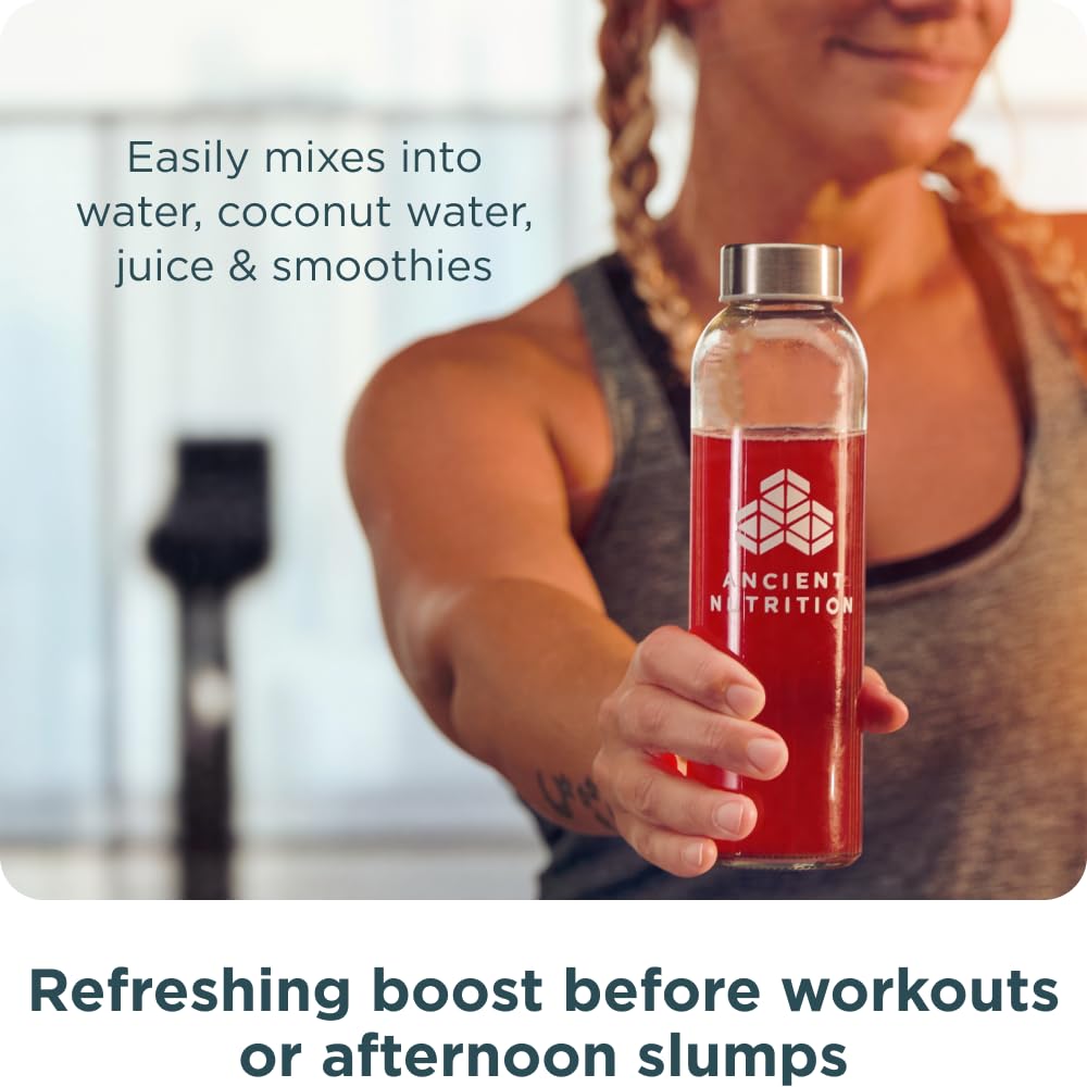 Ancient Nutrition Clean Energy Powder label emphasizes caffeine from organic coffeeberry for clear focus.