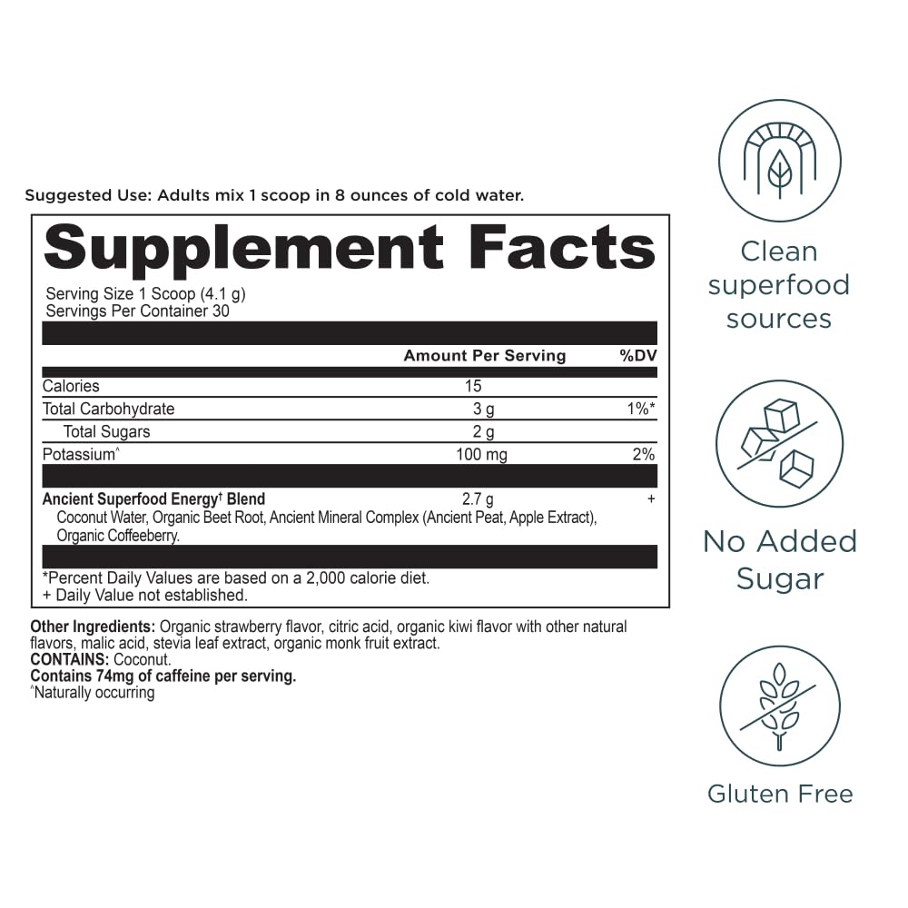Ancient Nutrition Clean Energy Powder mixed with glass reveals strawberry kiwi flavor and clarity