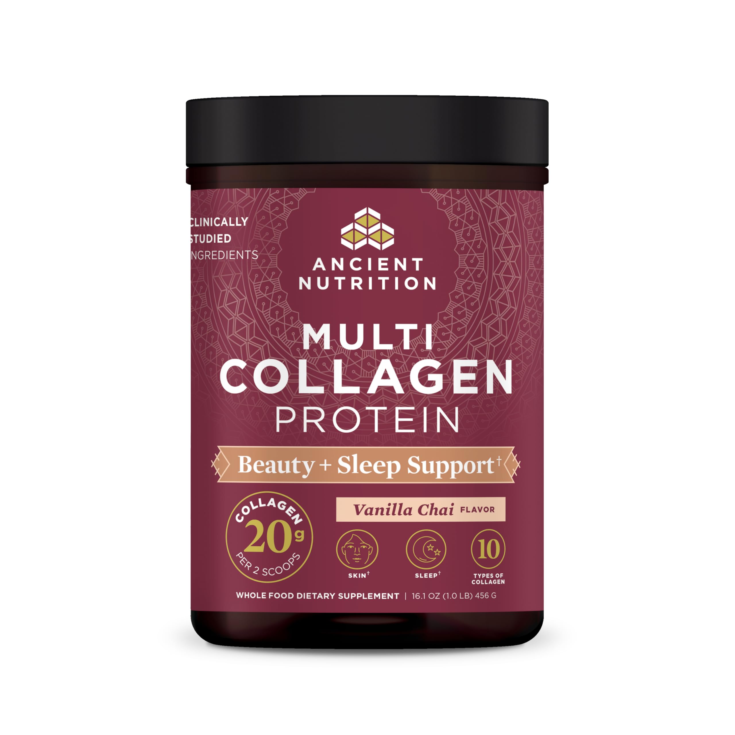 Ancient Nutrition collagen Beauty + Sleep Vanilla Chai tub—ready for daily skin support.