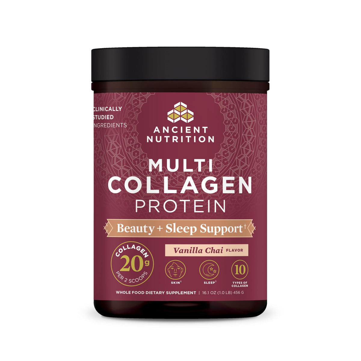 Ancient Nutrition collagen Beauty + Sleep Vanilla Chai tub—ready for daily skin support.